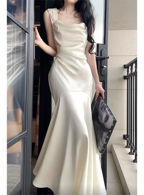 速发裙ood Job【白薇】法式缎面G腰吊带连衣裙轻奢气质鱼尾长款收