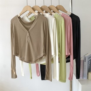 速发式腰路肚脐两粒扣短款上衣美高短款瑜伽蹈衫薄款上衣舞小服