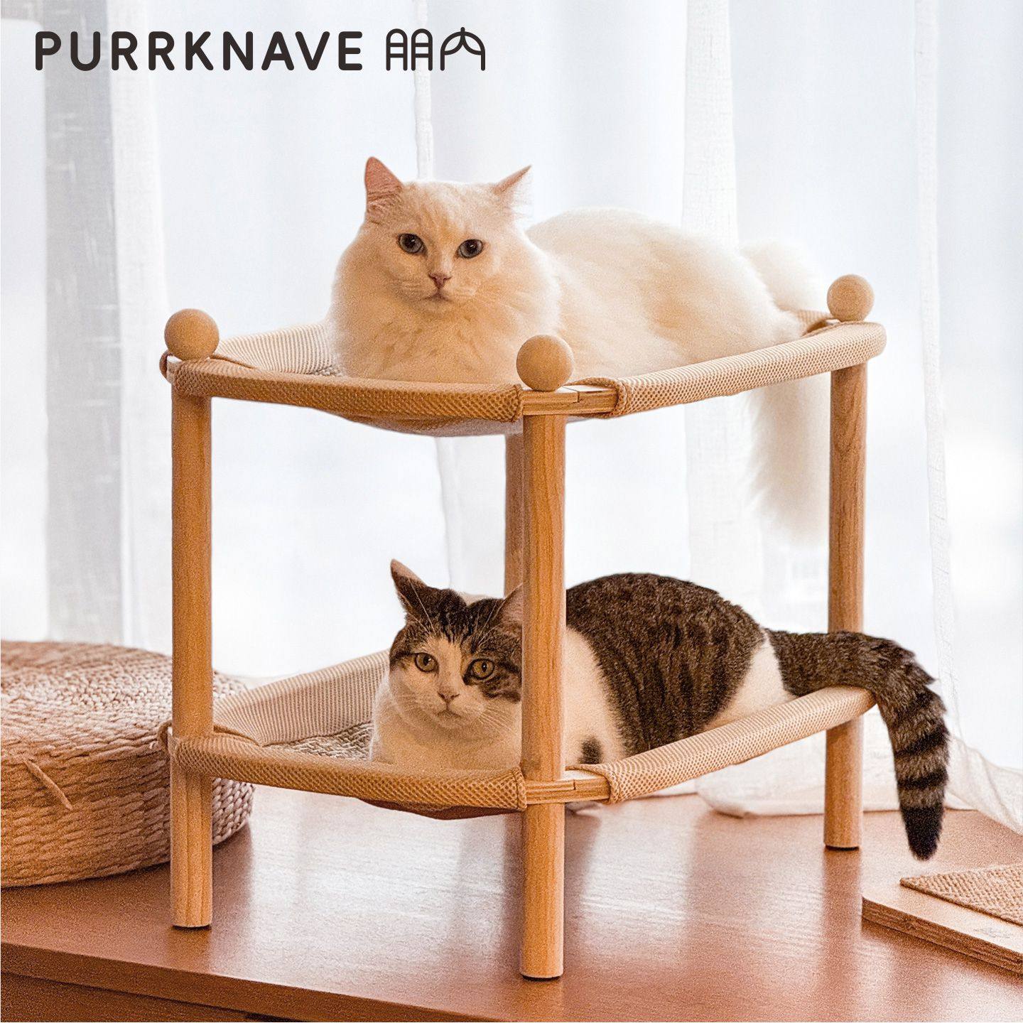 PurrKnave朋内双层猫窝猫抓板一体上下两层剑麻藤编凉席实木猫床图片