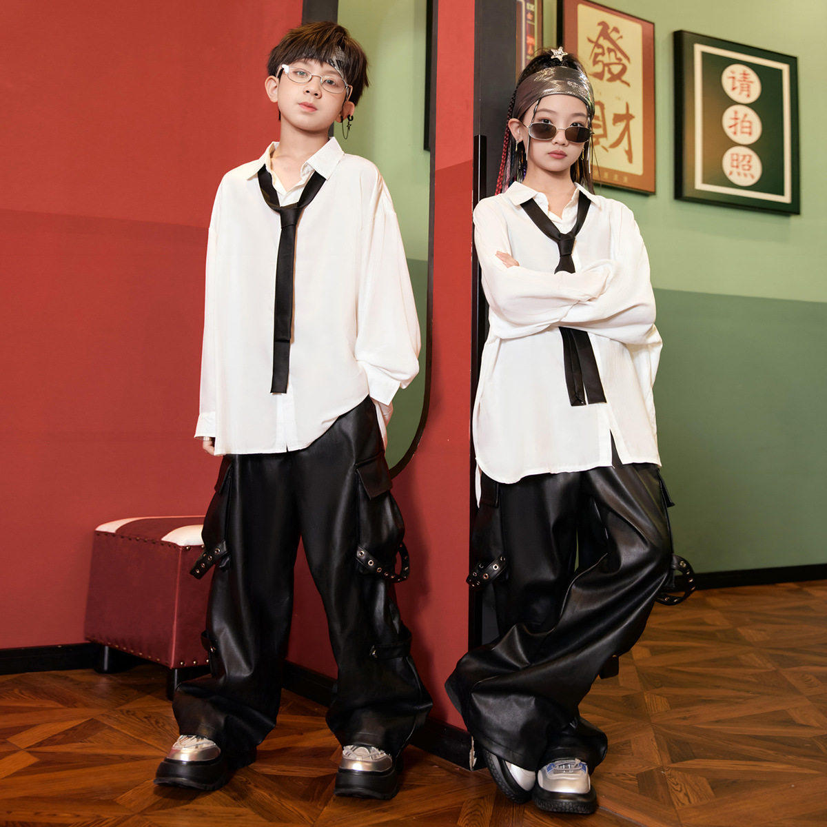 街舞儿童潮服女童时髦爵士舞服装团体舞蹈表演服秋季潮酷衬衫套装