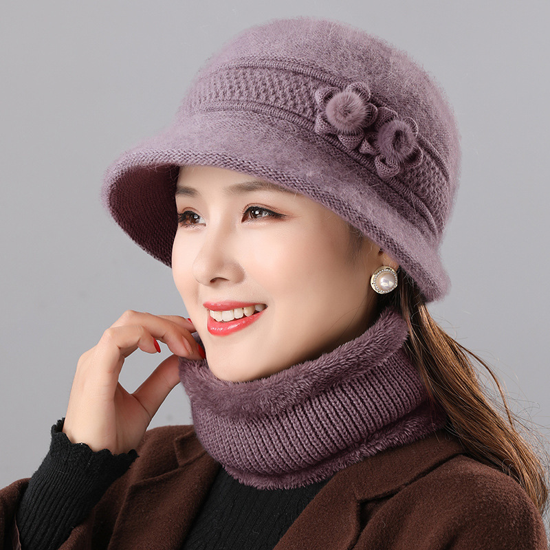 保暖兔毛帽中老年人妈妈针织帽子秋冬季女围脖老太太冬天防风盆帽