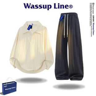 春秋运动卫衣百搭大码 WASSUP 男款 休闲套装 两件套男 Line潮牌美式