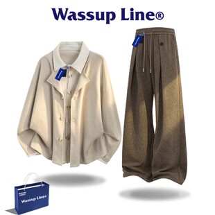 Wassup Line潮牌套装男款假两件休闲秋季长袖宽松潮流长裤两件套