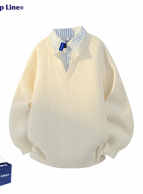 WASSUP Line潮牌美式假两件翻领针织衫男秋季宽松百搭高级感毛衣