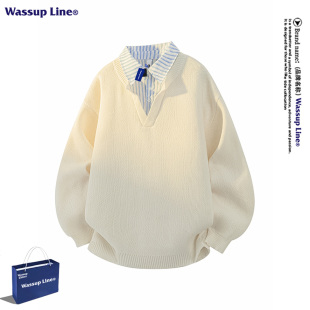 男秋季 假两件翻领针织衫 宽松百搭高级感毛衣 Line潮牌美式 WASSUP