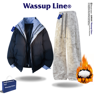 WASSUP Line潮牌棉衣套装男款假两件棉服冬季加厚立领格子两件套