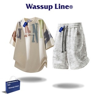 WASSUP Line潮牌个性时尚套装男夏季印花短袖T恤扎染短裤两件套