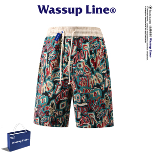 宽松舒适短裤 WASSUP 字母印花沙滩裤 男夏季 Line潮牌休闲五分裤