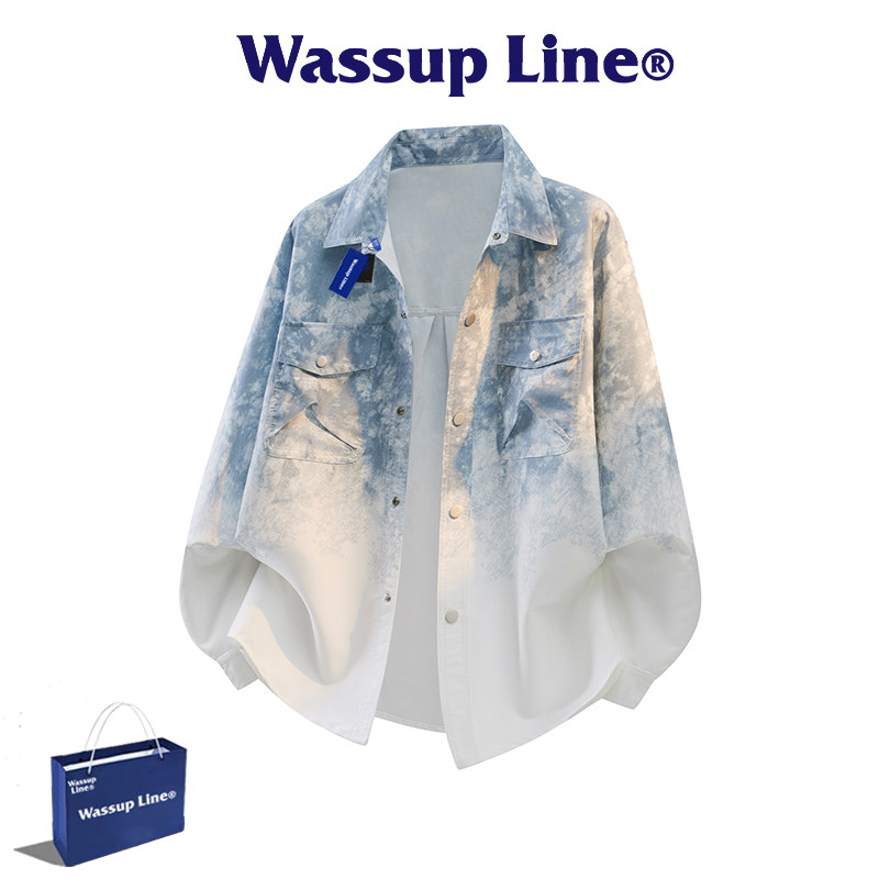 WASSUP Line潮牌慵懒风扎染渐变翻领长袖衬衫男宽松休闲上衣外套