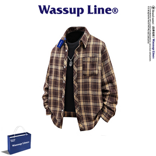 Line潮牌宽松长袖 格子开衫 衬衫 时尚 休闲翻领上衣 男春季 WASSUP