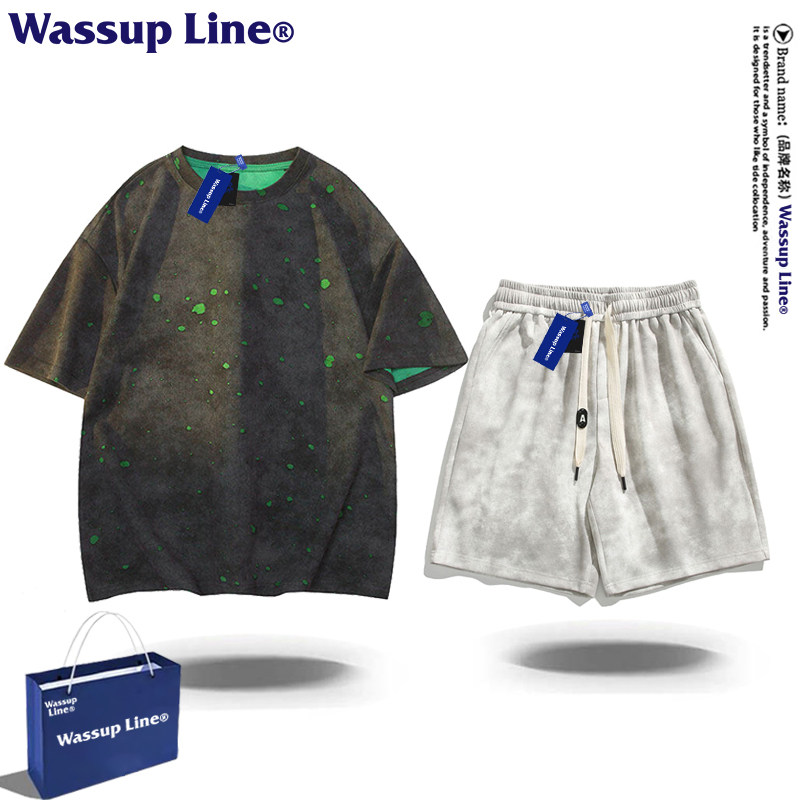 WASSUP Line潮牌美式短袖t恤夏季重磅圆领套装男女宽松百搭两件套,男装,休闲运动套装,淘宝优惠券,粉丝福利购,淘宝优惠卷
