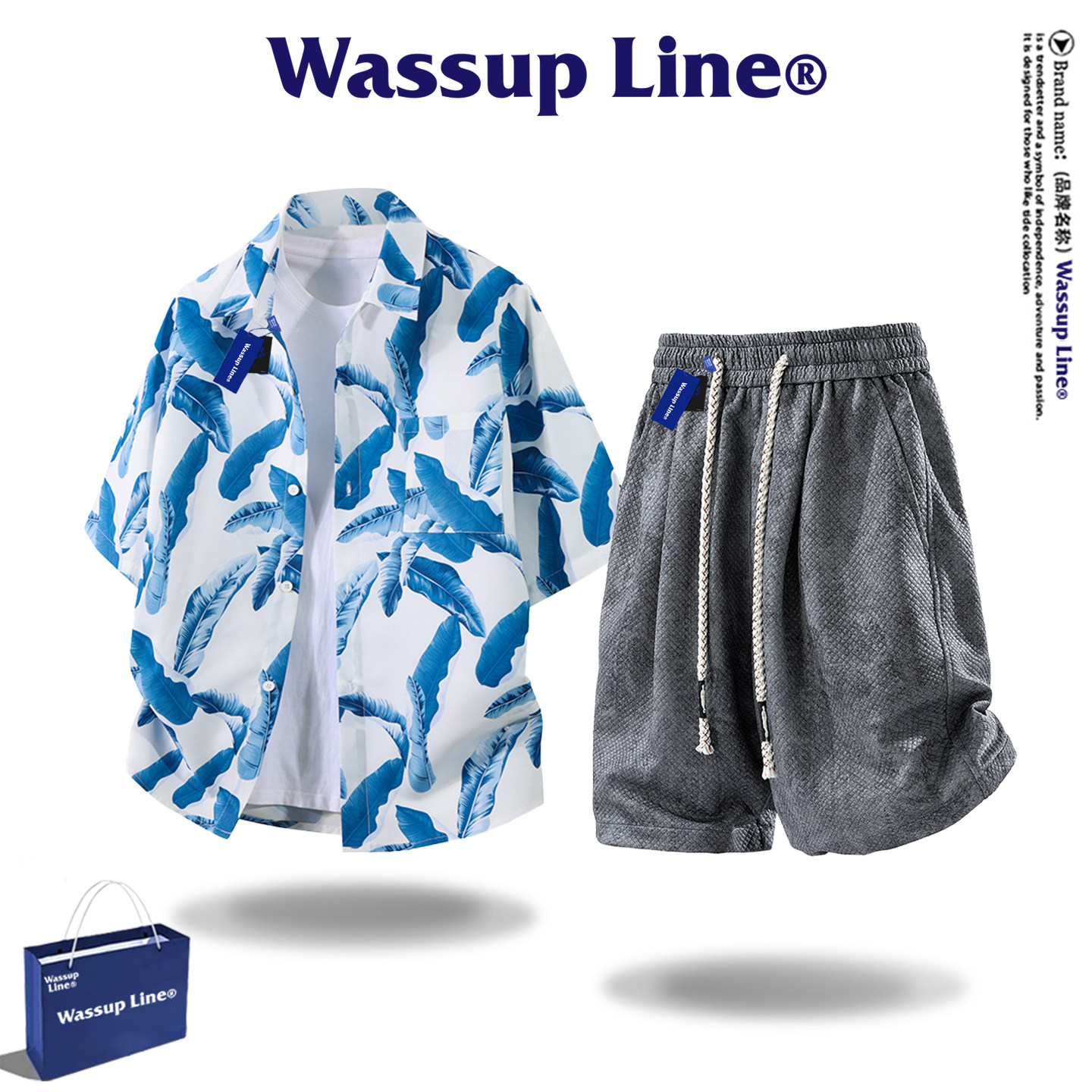 WASSUP Line潮牌夏威夷风印花衬衫男夏季沙滩度假风百搭短袖套装