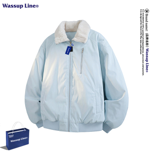 WASSUP Line潮牌美式羊羔绒翻领棉衣男冬季加厚保暖防寒工装外套