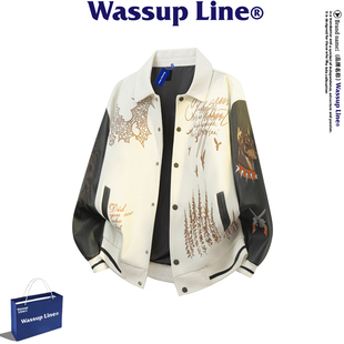 WASSUP Line潮牌美式夹克男复古棒球服男款春秋季痞帅机车服外套