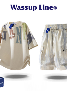 WASSUP Line潮牌运动套装男款美式休闲短袖T恤夏季工装短裤两件套