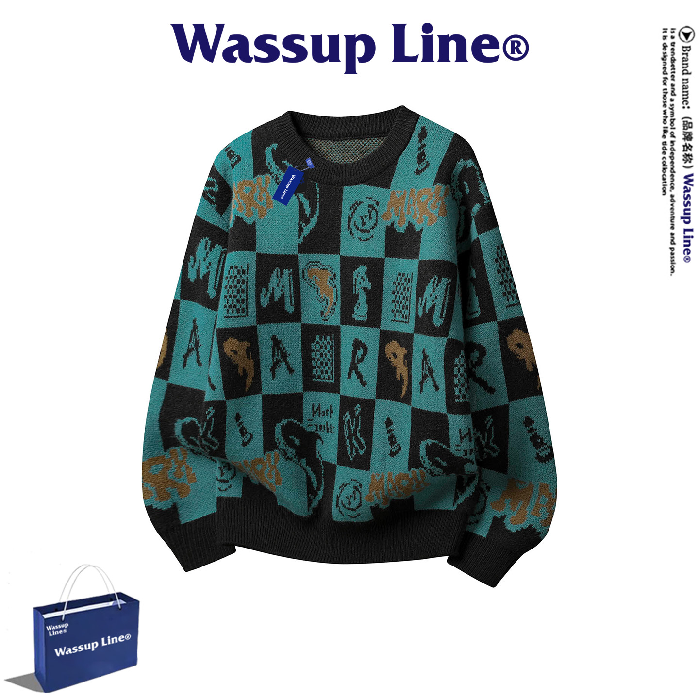 WASSUPLine潮牌撞色毛衣男