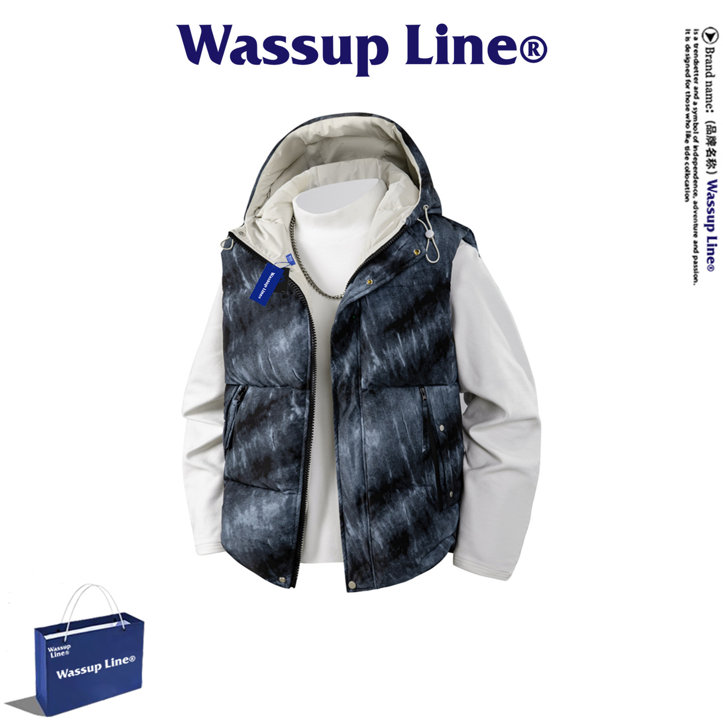 WASSUP Line潮牌休闲冬季户外羽绒马甲男连帽外穿加厚保暖坎肩,男装,羽绒马甲,淘宝优惠券,粉丝福利购,淘宝优惠卷