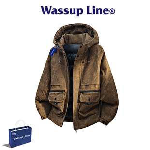 Wassup Line潮牌痞帅工装风连帽羽绒服男款多口袋白鸭绒保暖外套