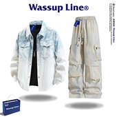 Line潮牌美式 裤 长袖 男款 WASSUP 男衬衣宽松工装 套装 扎染渐变衬衫