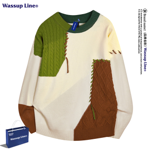 WASSUP Line潮牌美式复古拼色针织衫毛衣男女秋冬季宽松百搭上衣