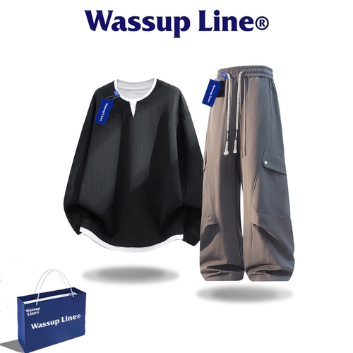 WASSUPLINE潮牌假两件卫衣套装