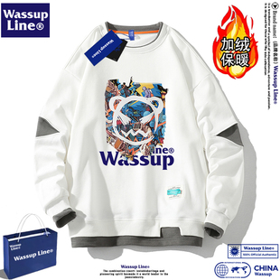 WASSUP Line潮牌假两件卫衣男纯棉情侣圆领学生上衣加绒加厚秋冬