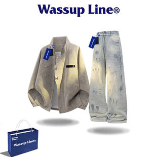 WASSUP LINE潮牌套装男款秋季长袖夹克破洞牛仔裤皮衣外套两件套