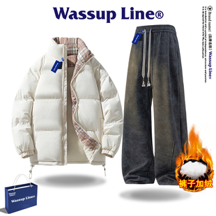 保暖棉服情侣款 WASSUP 冬季 男款 宽松棉袄两件套 Line潮牌棉衣套装