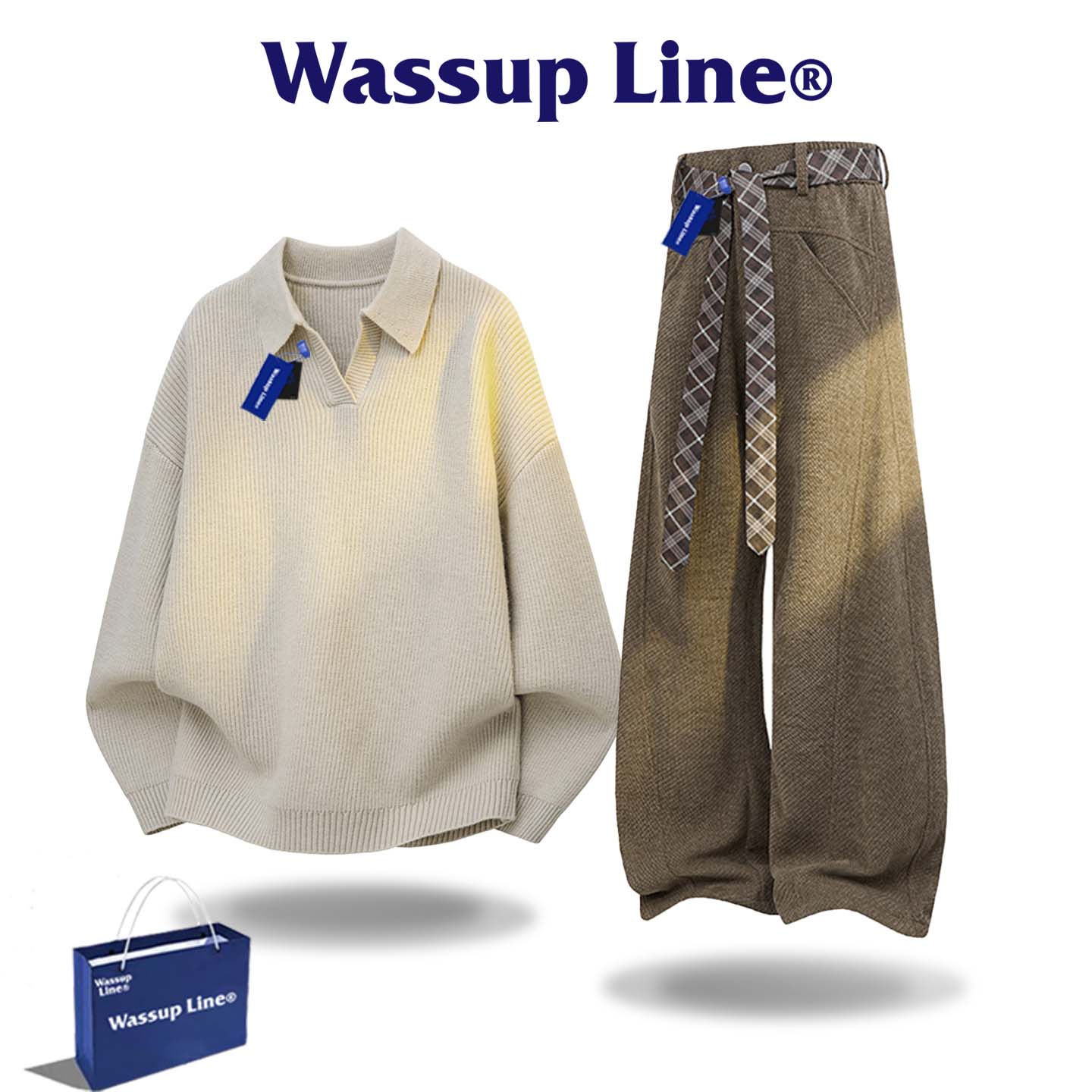 WASSUP LINE潮牌假两件毛衣套装男秋冬季宽松男装运动长裤两件套