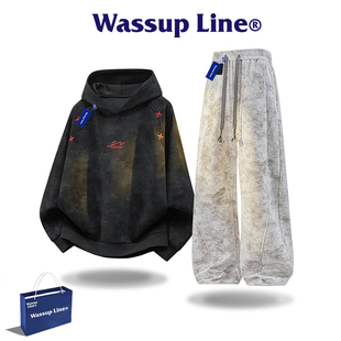 WASSUP Line潮牌秋冬扎染刺绣连帽卫衣套装男秋长袖长裤运动套装