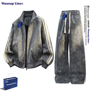 春秋季 WASSUP 男款 扎染休闲套装 宽松百搭夹克两件套 Line潮牌美式