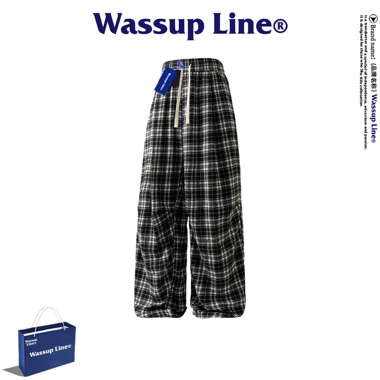 WASSUP Line潮牌复古格子休闲裤男春秋季宽松直筒裤系绳百搭长裤,男装,休闲裤,淘宝优惠券,粉丝福利购,淘宝优惠卷