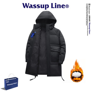 WASSUP Line潮牌中长款羽绒服男冬季宽松百搭白鸭绒连帽保暖外套