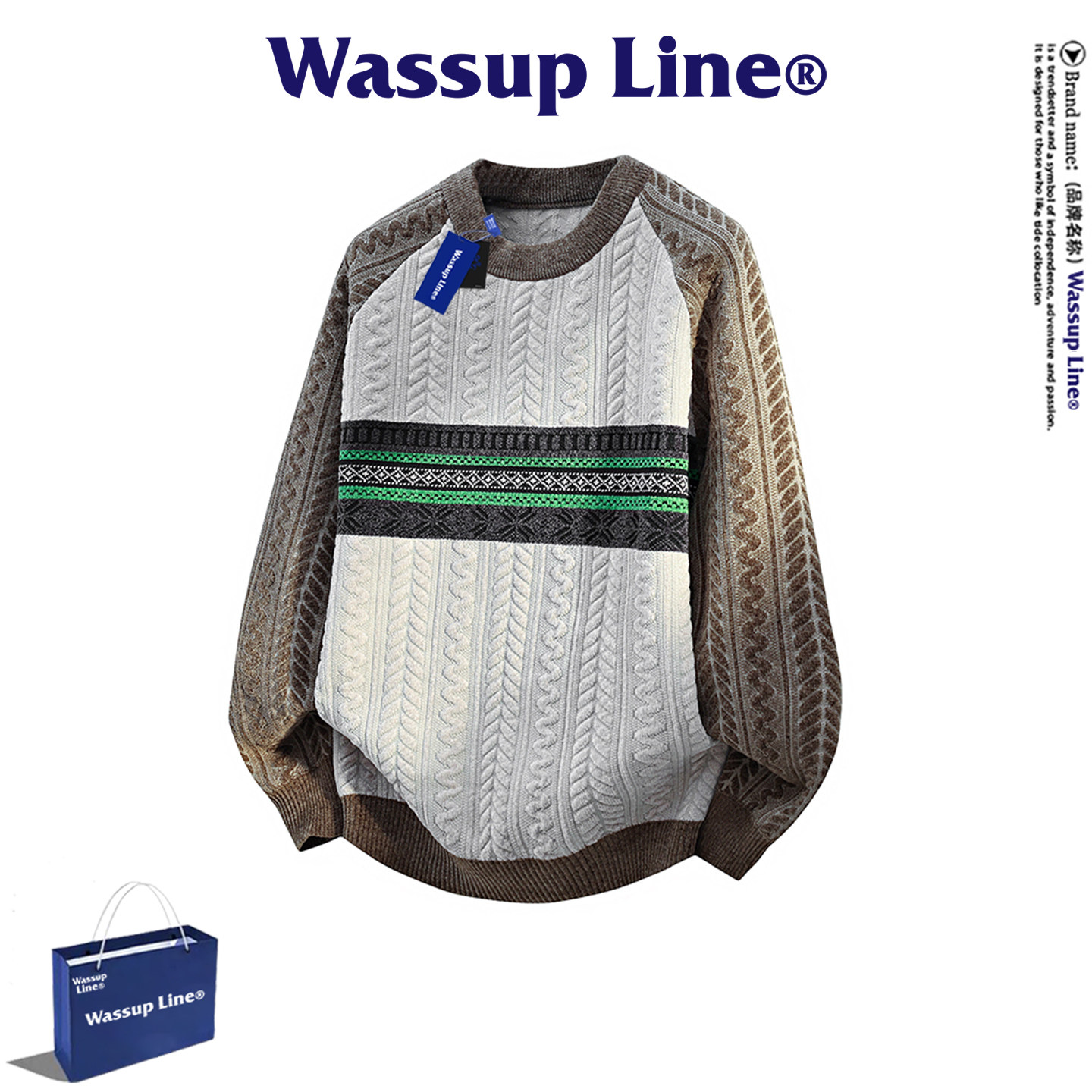 WASSUP Line潮牌美式复古撞色拼接圆领针织衫男长袖套头休闲毛衣