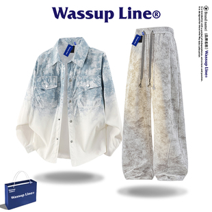 WASSUP Line潮牌扎染长袖衬衫套装男款美式春季渐变衬衣两件套男