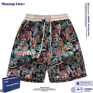 男夏威夷提花宽松百搭复古五分裤 夏季 Line潮牌民族风短裤 WASSUP
