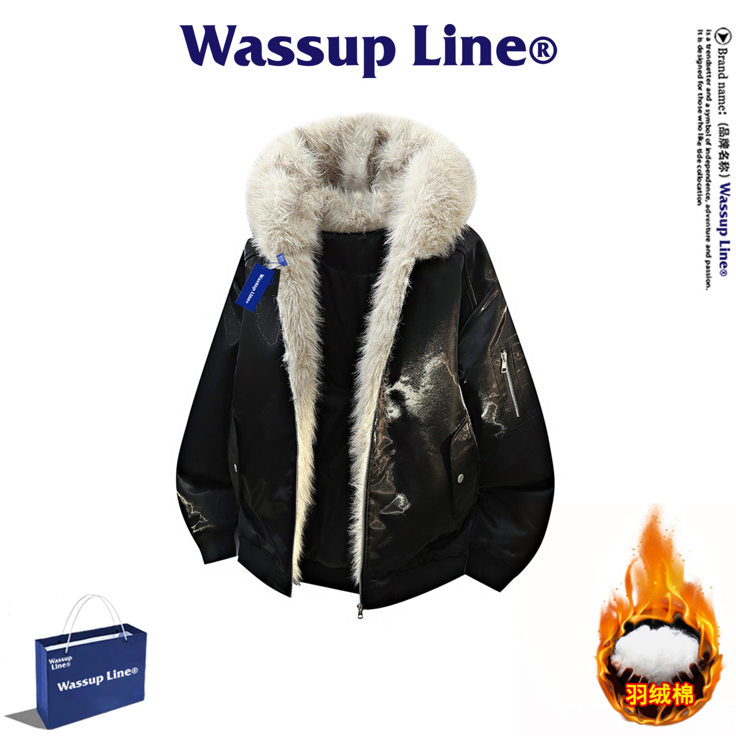 WASSUP Line潮牌毛领连帽棉衣男冬季加厚保暖座山雕亮面棉服外套,男装,棉衣,淘宝优惠券,粉丝福利购,淘宝优惠卷