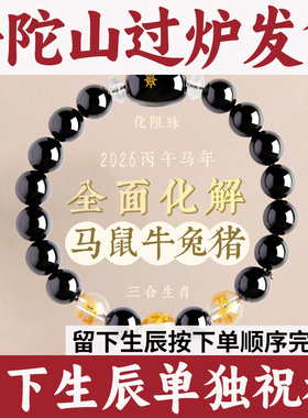 普陀山2026六合黑曜石猴鼠三合马年虎十二生肖佛珠手链手串属马
