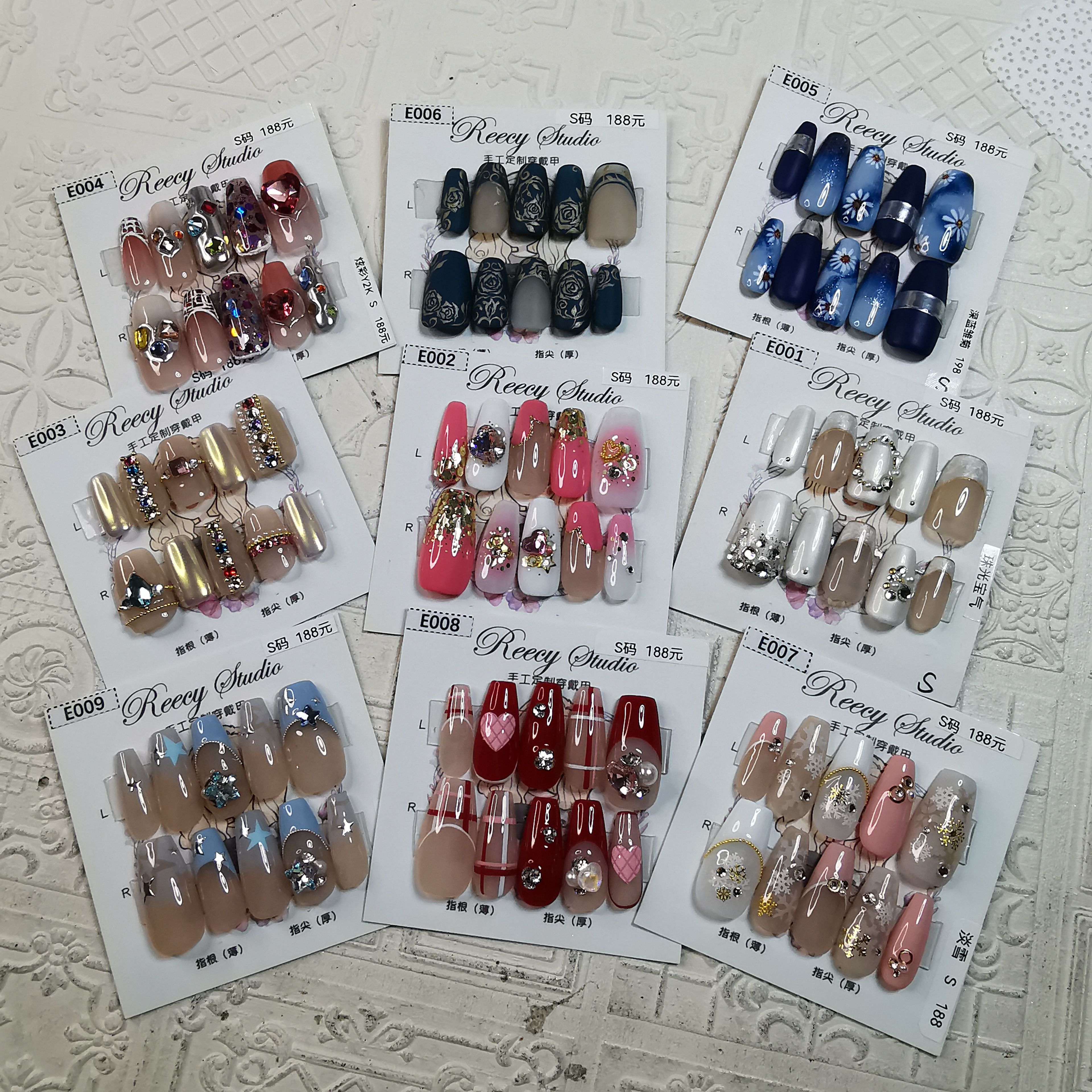 【Reecy手工穿戴甲】 定制E区 简约贝壳镶嵌法式腮红闪钻穿戴甲