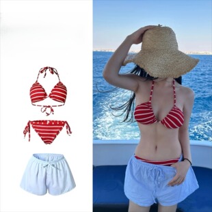 條紋比基尼泳衣度假風小眾絕美沙灘海邊歐美性感熱辣小胸 2025新款