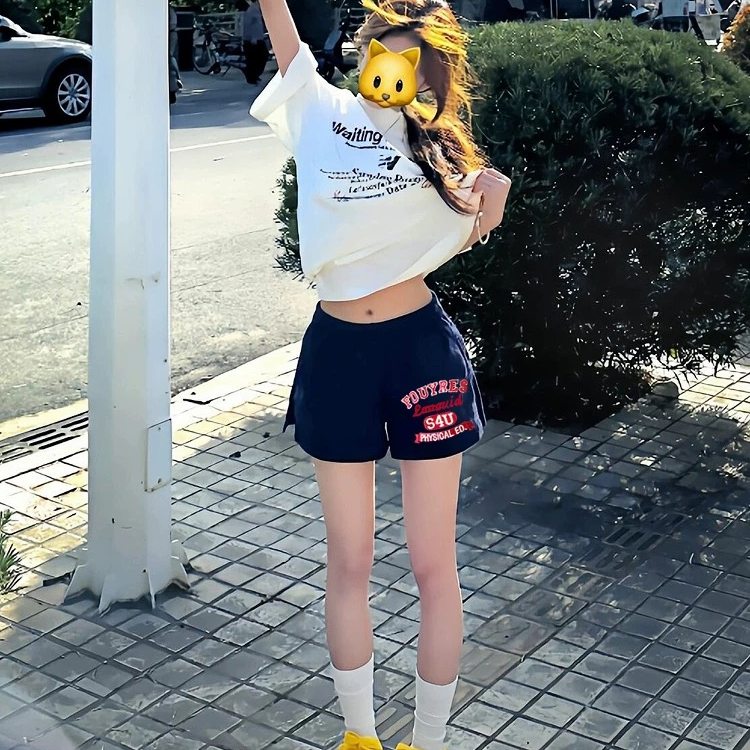 美式藏青色刺绣短裤女夏季外穿高腰显瘦甜辣休闲运动阔腿三分热裤