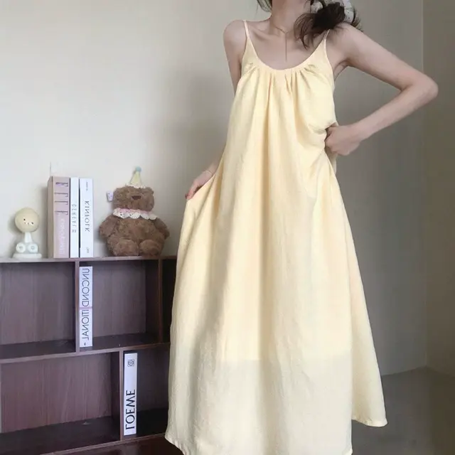 夏日慵懒风黄色吊带睡裙女款带胸垫2025新款夏睡衣宽松长裙可外穿
