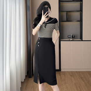 条纹拼接假两件套修身显瘦大码女装胖mm夏季新款短袖连衣裙妈妈装