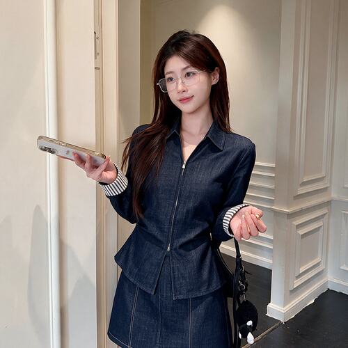 实拍大码复古休闲牛仔套装女早秋气质显瘦翻领衬衣半身裙两件套
