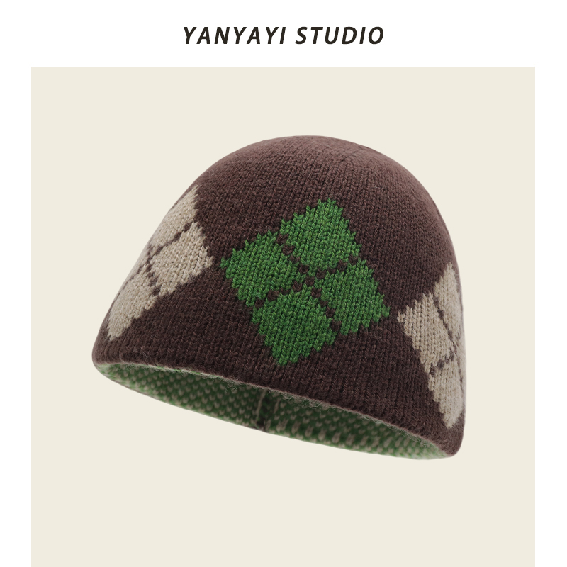 韩版菱形格拼色针织毛线帽
