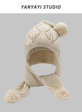 韩国毛球帽子围巾一体冬季加绒保暖针织护耳围脖套头毛线雷锋帽女