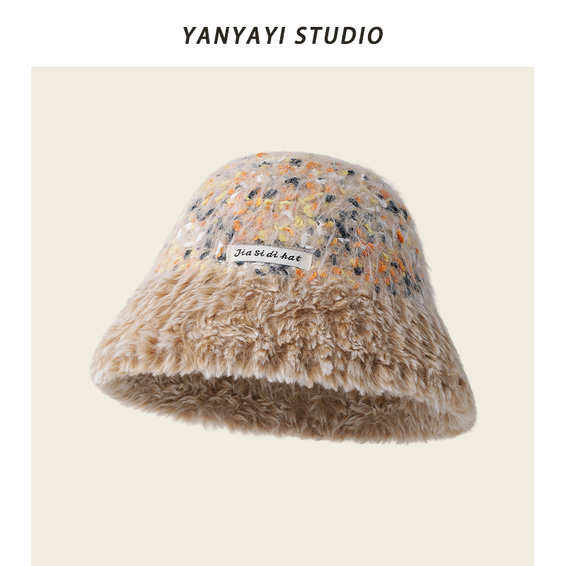 日系彩色毛绒针织渔夫帽