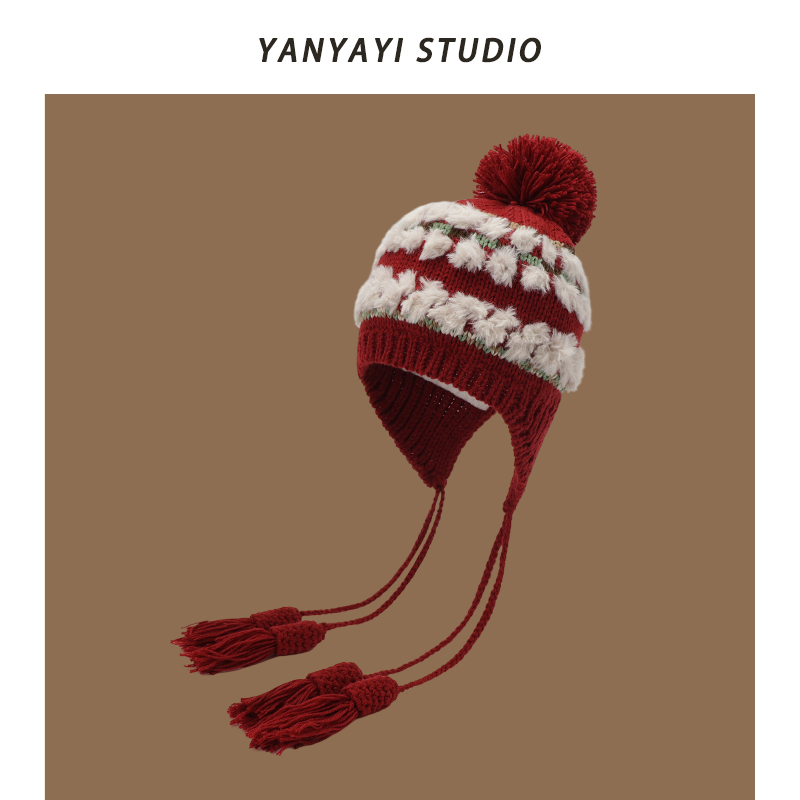 2025新款川西旅游红色流苏针织帽