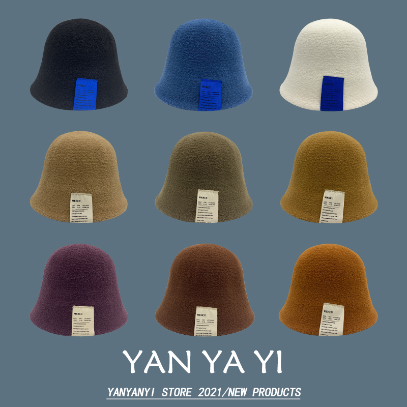 帽子女秋冬羊毛尼贴布水桶帽日系钟型圆脸针织渔夫帽网红纯色盆帽