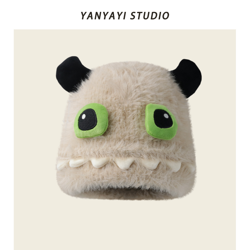搞怪小恶魔针织毛线帽子女秋冬加绒加厚保暖护耳可爱学生包头冷帽